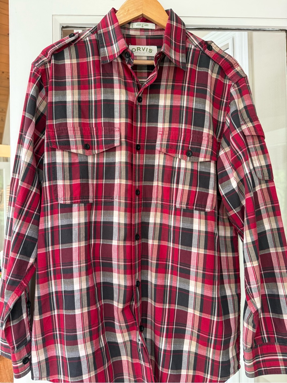 Orvis Red and Black Plaid Casual Button-Down Shirt w/ shoulder lapels. Handsome